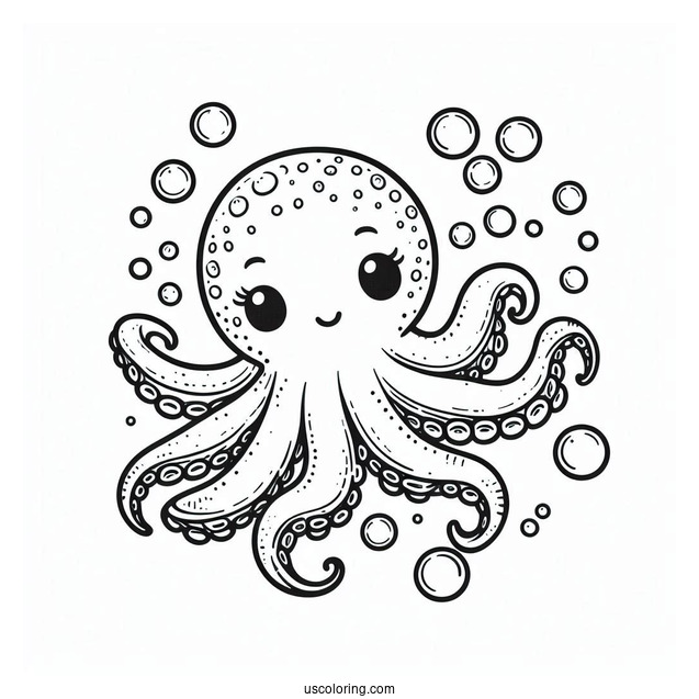 Cartoon Octopus Coloring Page With Bubbles