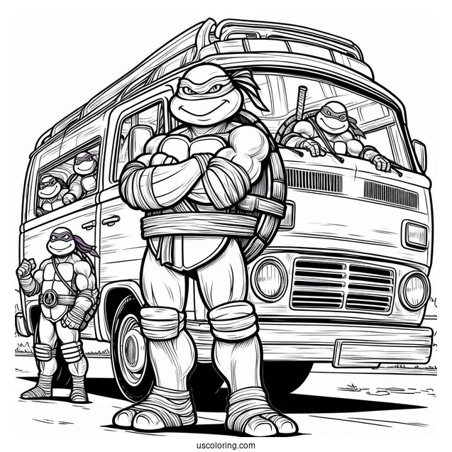 Ninja Turtles Coloring Page Of Donatello Standing In Front Of Turtle Van