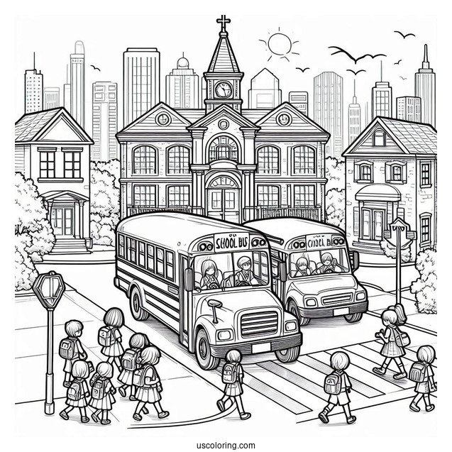 School Bus Dropping Students Off At School