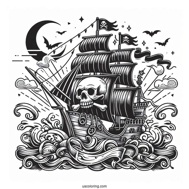 Pirate Ship With Skull And Bones Coloring Page
