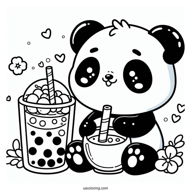 Easy Baby Panda Coloring Page Sipping Boba Tea For Preschoolers