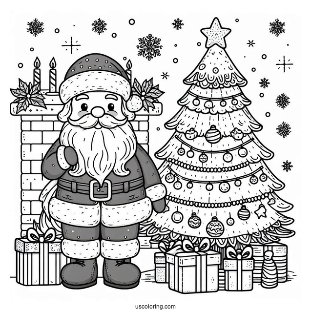 Santa Claus Beside A Christmas Tree On New Year Coloring Page