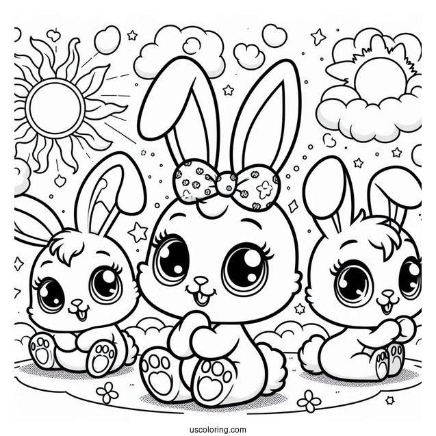 Sunny Bunnies Coloring Page Of Easy Iris, Big Boo, Hopper, Shiny, And Turbo In The Sky For Preschoolers