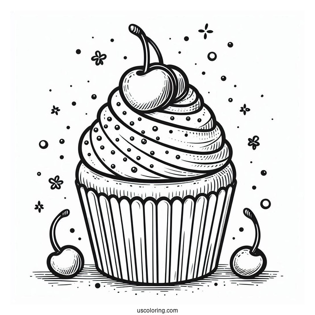 Cupcake With Cherries And Sprinkles To Color