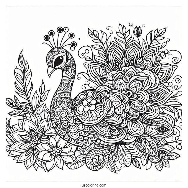 Peacock Coloring Page in Ornamental Mandala Style With Floral Pattern