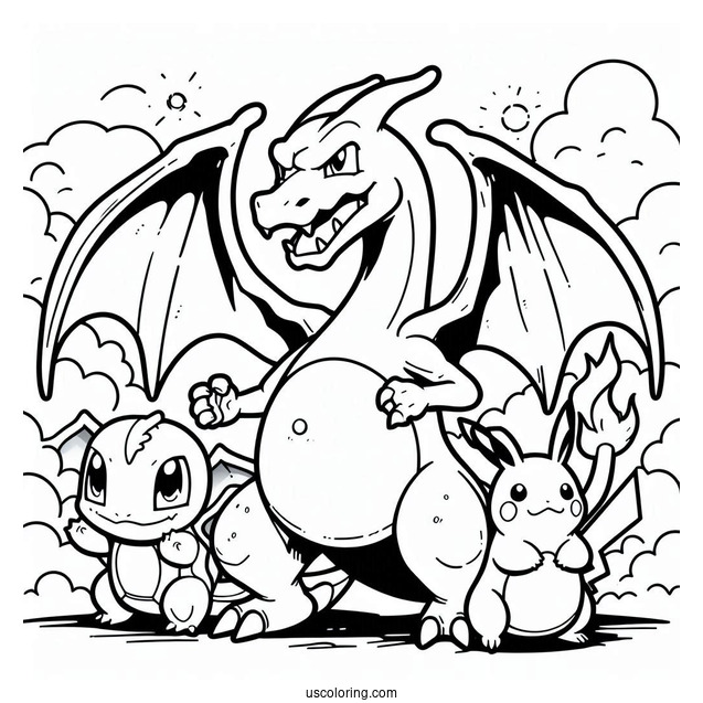 Charizard With Blastoise And Pikachu Coloring Sheet