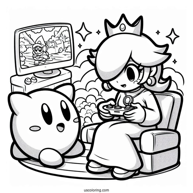 Rosalina Coloring Page Playing Video Game With Luma Watching