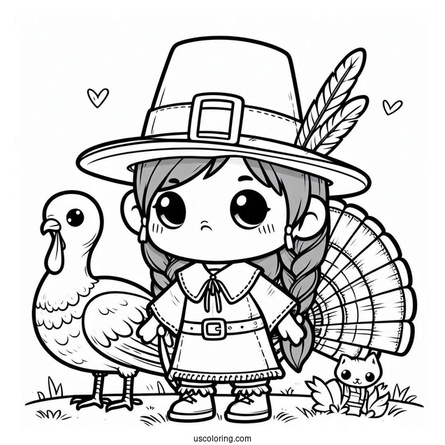 Chibi Pilgrim Coloring Page With Native Americans And A Turkey