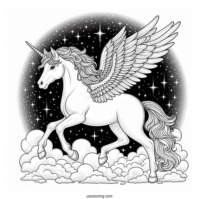 Realistic Pegasus Coloring Page With Starry Night Sky