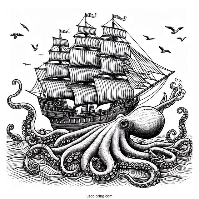 Giant Kraken Octopus Coloring Page Capturing Ship