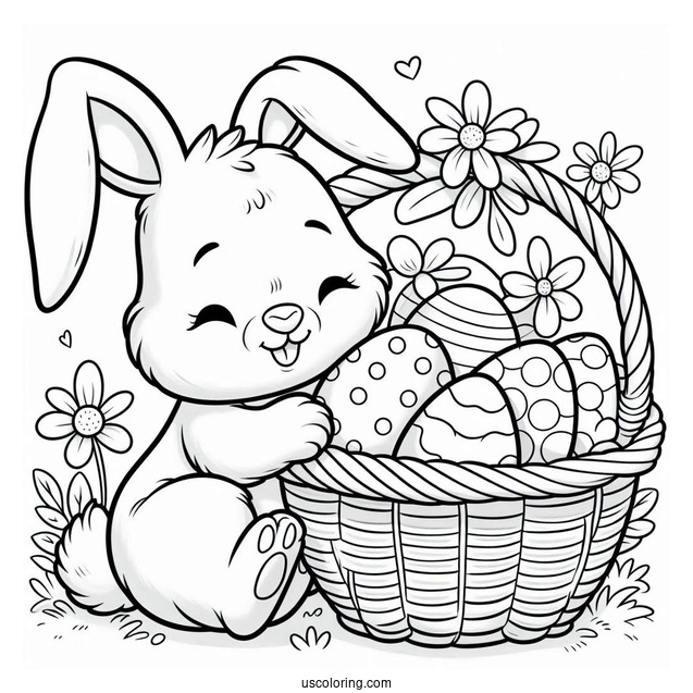 Cartoon Rabbit Coloring Page Hugging A Basket Of Easter Eggs
