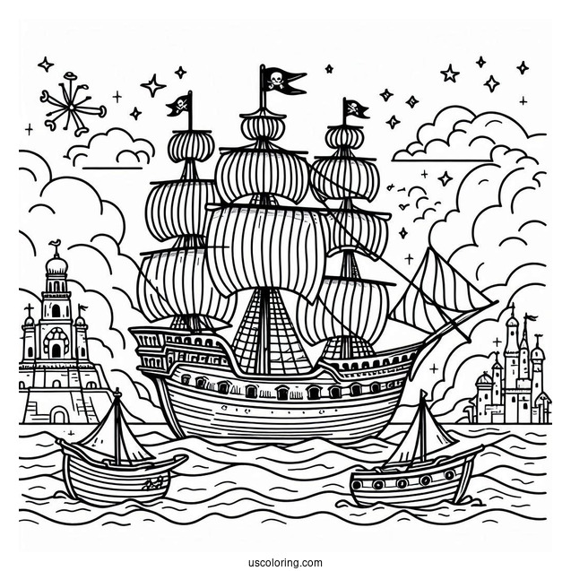 Large Pirate Coloring Page Ship At Sea