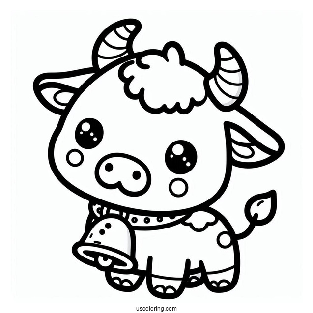 Kawaii Bull With Bell Coloring In For Preschoolers