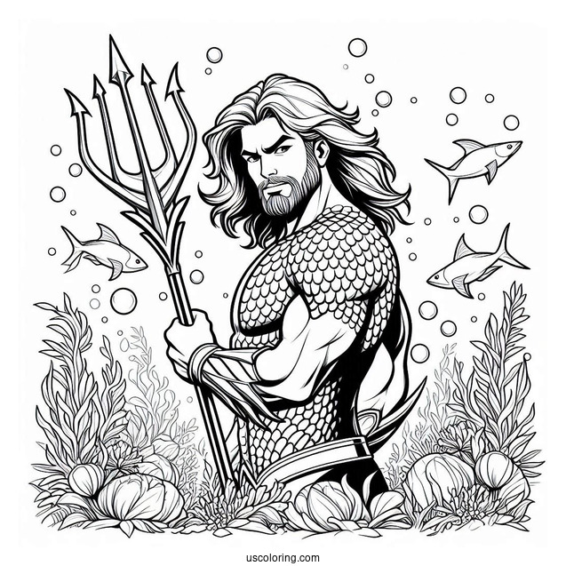 Aquaman Holding Trident Underwater Coloring Sheet