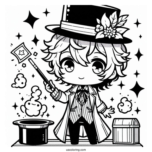 Chibi Coloring Page Stage Magician Wowing the Crowd with Magic Tricks