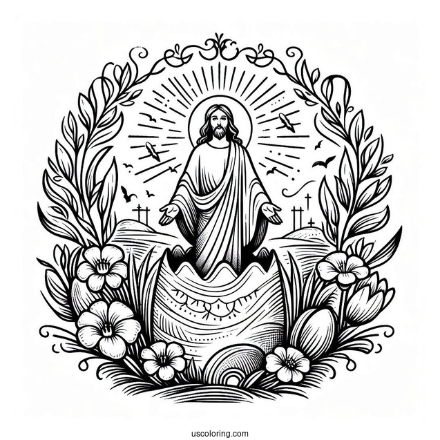 Resurrected Jesus in a Spring Easter Egg Coloring Page