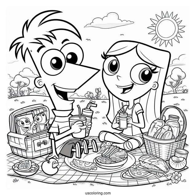 Phineas And Ferb Coloring Page And Candace On A Picnic For Kids