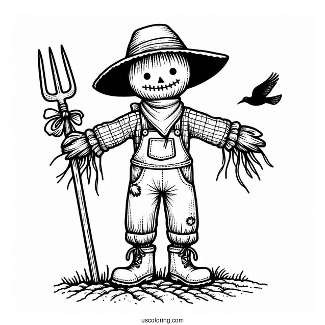 Halloween Scarecrow Coloring Page Holding A Digging Fork