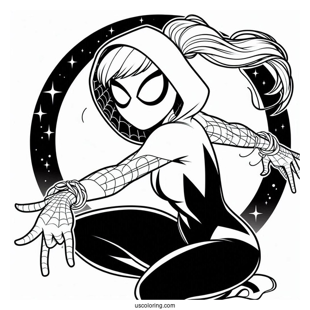 Easy Outline Of Spider-Gwen Coloring Page At Night For Preschoolers