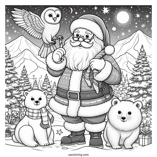 North Pole Coloring Page Of Realistic Santa Claus With An Owl And Polar Bears