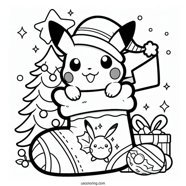 Pokemon Christmas Coloring Page Kawaii Pikachu Inside A Christmas Stocking For Kids