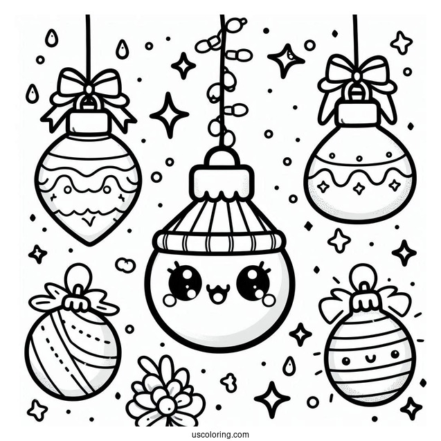 Kawaii Bulbs Christmas Ornaments Coloring Page For Preschoolers