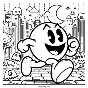 Detailed Pac-Man Coloring Page Running With Ghost Icons In Background Poster