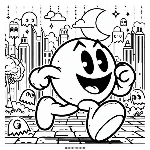 Detailed Pac-Man Coloring Page Running With Ghost Icons In Background Poster