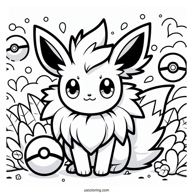 Cute Jolteon Coloring Page With Pokeballs In Background For Kids