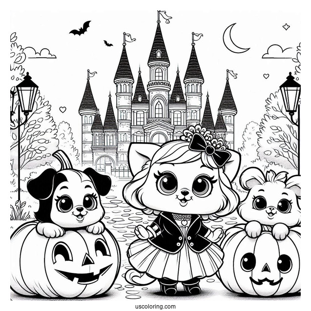 Palace Pets Coloring Page Of Treasure, Petite, Pumpkin And Ms. Featherbon In Front Of Castle