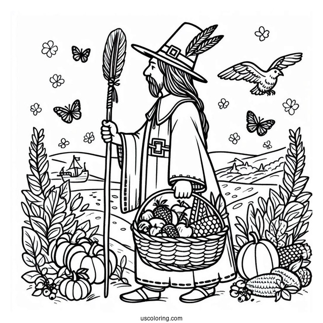 A Pilgrim Coloring Page Of A Native American Carrying Food