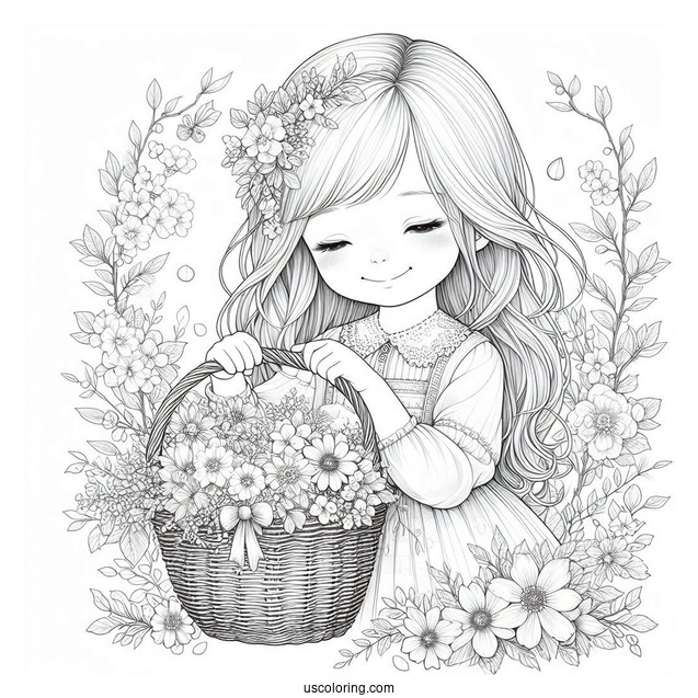 Realistic Little Girl Holding Basket Of Spring Coloring Page Flowers