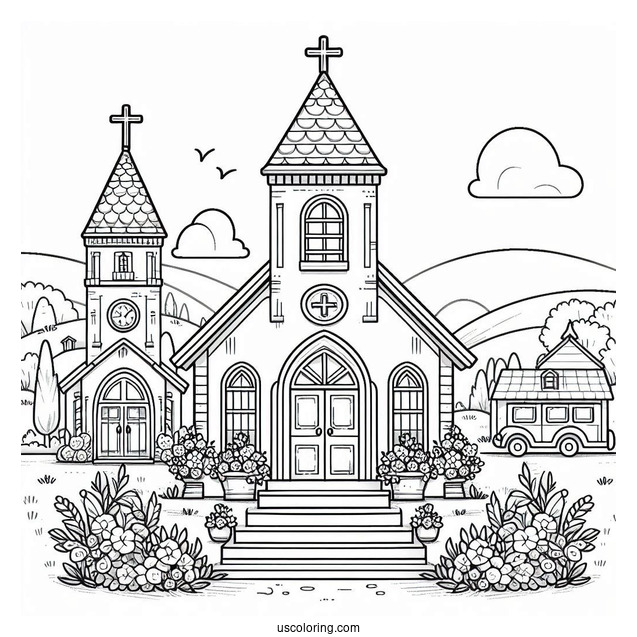 Cute Church Coloring Page With Flowers In Front