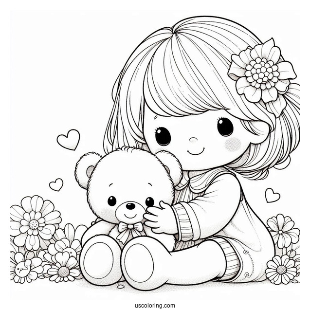 Precious Moments Coloring Page Of Toddler Holding Teddy Bear For Preschoolers