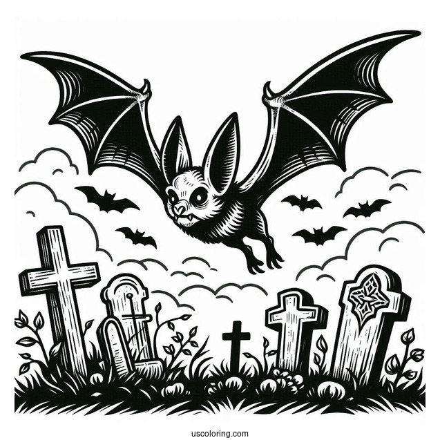 Large Bat Coloring Page Flying Over Tombstones Halloween