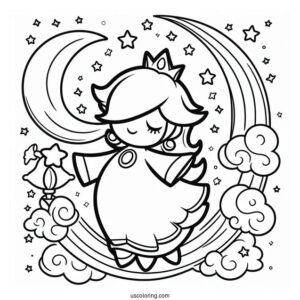 Easy Rosalina Coloring Page With Luma And Stars In Background