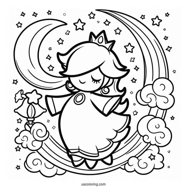Easy Rosalina Coloring Page With Luma And Stars In Background