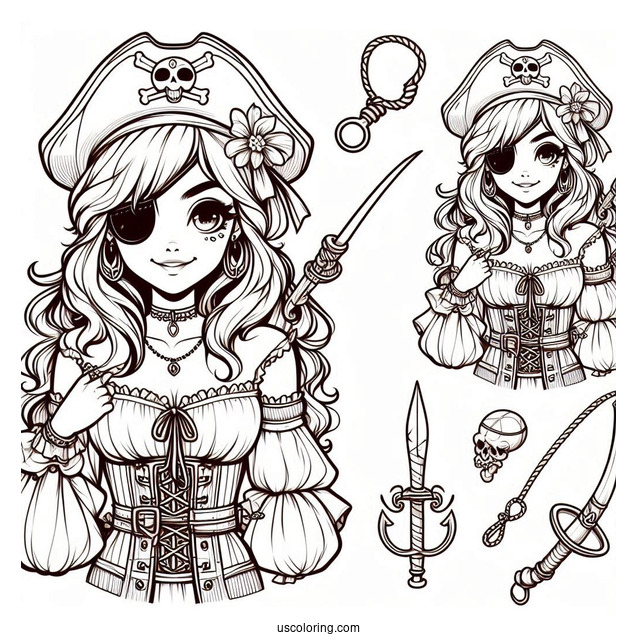 Female Pirate Coloring Page With Eyepatch, Sword, And Hook