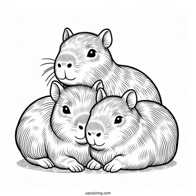 Three Capybara Coloring Page Piled On Top Of Each Other For Preschoolers