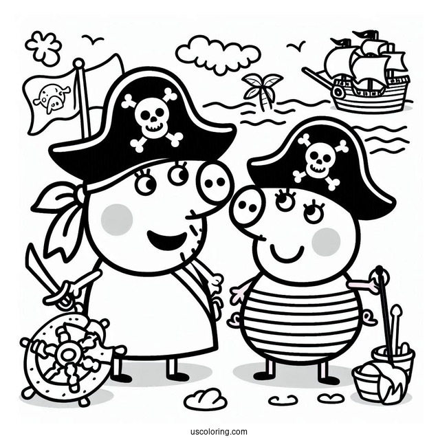 Peppa Pig Playing Pirates With Friend Coloring Page