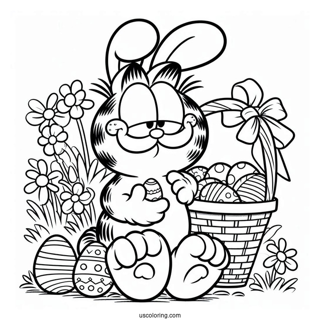 Easter Coloring Page Of Garfield Dressed As Easter Bunny With Basket Of Easter Eggs For Kids