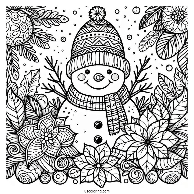 Christmas Coloring Pages For Adults Of Smiling Snowman In Front Of Christmas Poinsettia Mandala