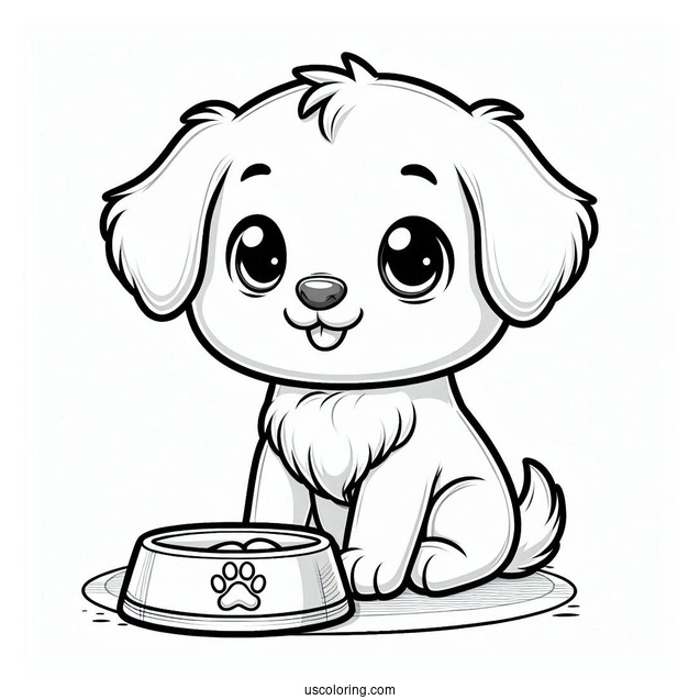Cute Cartoon Puppy In Front Of Food Bowl
