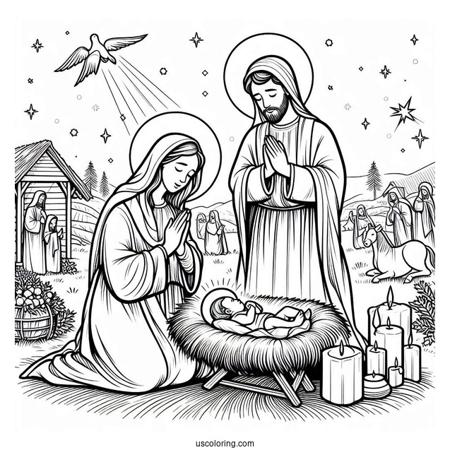 Nativity Coloring Page Of Mary And Joseph Praying Over Baby Jesus In The Manger
