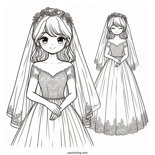 Bride Wearing Simple Dress Coloring Page With Short Veil
