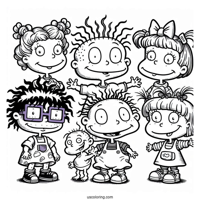 Rugrats Coloring Page Of Detailed Angelika, Tommy, Chuckie, Lillian, And Susie Rugrats