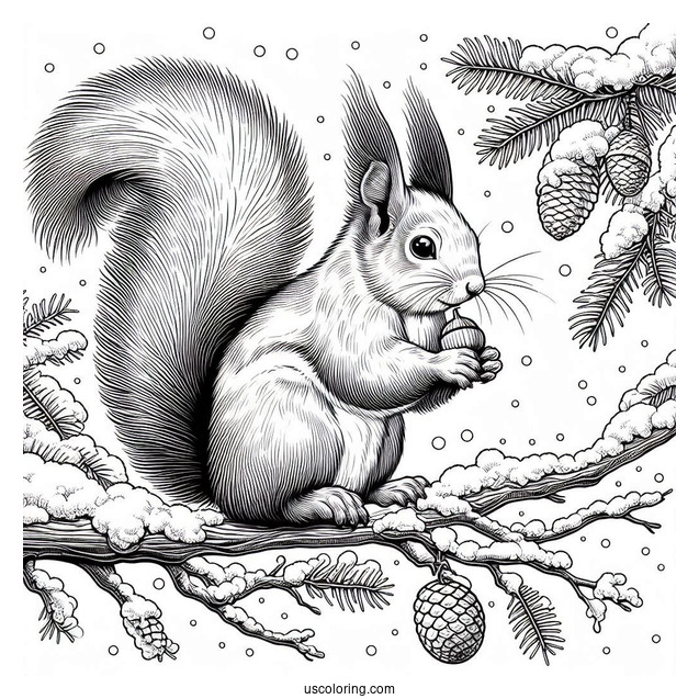 Realistic Squirrel Coloring Page Eating Nut On Snow Covered Branch