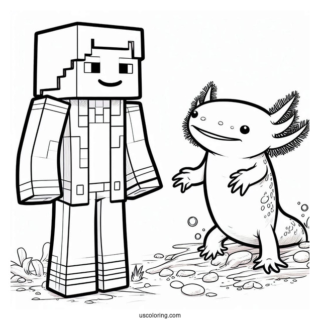 Axolotl Coloring Page Standing Beside Minecraft Steve