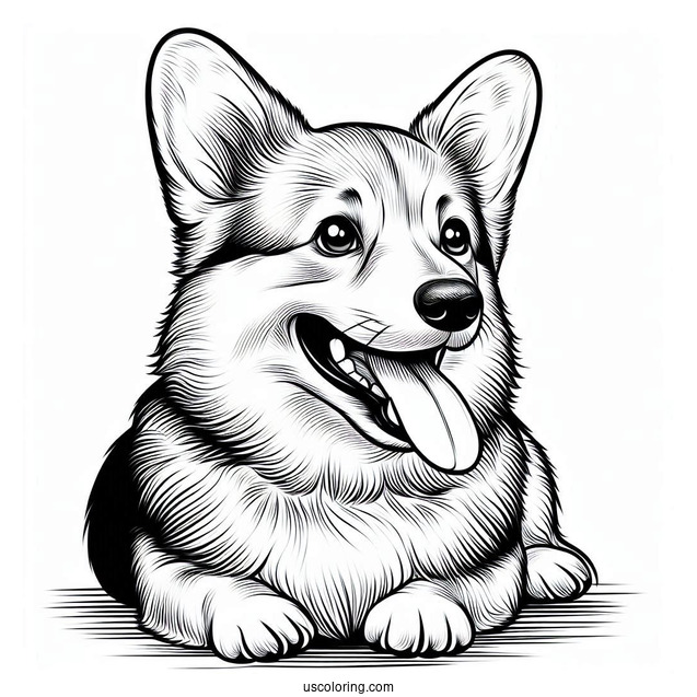 Realistic Corgi Coloring Page Smiling With Tongue Out