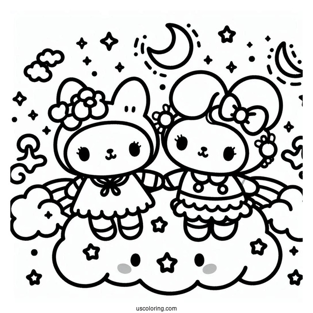 Sanrio Coloring Pages Of Kuromi And My Melody Holding Hands On Cloud